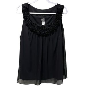MSK Women Black Sleeveless Top, 2X, Ruffle Neckline, Plus Size, Classy, NWT